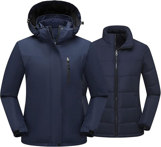 Women's 3 in 1 Ski Jacket Mountain Waterproof Windproof Winter Snow Coat Hike Snowboarding Jackets Hooded Warm Raincoat