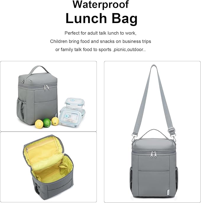 NOL Natural Organic Lifestyle Insulated Lunch Bags for Women Cooler Bag Lightweight Nylon Waterproof Lunch Box For Work (Gray, Large)