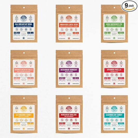 Nomad Nutrition Sampler Pack | 9 Freeze-Dried Meals: Hungarian Goulash, Shepherd’s Pie, Kathmandu Curry, Lentil Stew & More | Plant-Based, Non-GMO, High Protein | Add Boiling Water | 56g (Pack of 9)