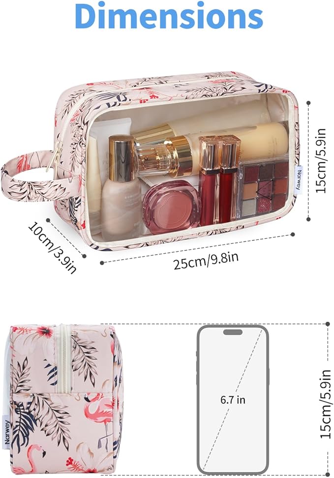 Narwey Clear Makeup Bag Cosmetic Bag with Zipper for Travel, Clear Toiletry Bags for Traveling Toiletries Women Men, Make Up Pouch with Handle, Skincare Bag (Beige Flamingo)