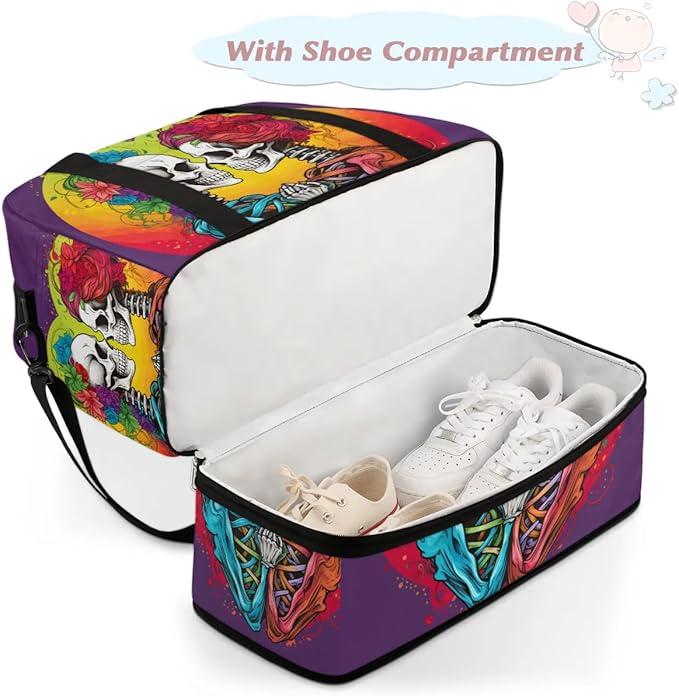 cfpolar Woman Travel Duffel Bag Heart Skull Foldable Tote Carry On Luggage Sports Gym Bag With Shoe Compartment Overnight Weekend Yoga Workout Bag Training Handbag