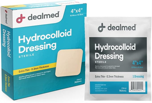 Dealmed Hydrocolloid Dressings Extra Thin 4” x 4” Bandages Wound Care Products for First Aid Kits, Individually Packed (10/Box)