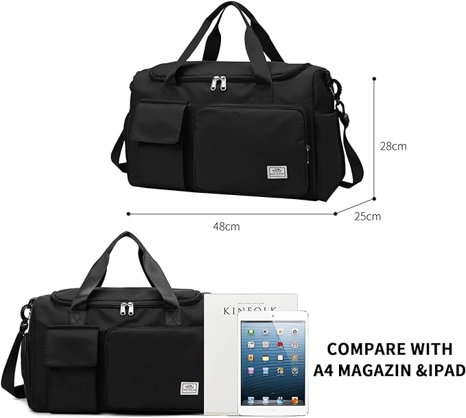 Travel Duffel Tote Bag with Dry Wet Separation Pocket, Weekender Bag for Women and Men，Waterproof Bag with Shoe Compartment Lightweight and Easy Carry on Black