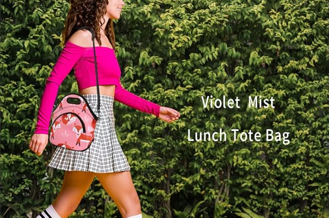 Violet Mist Neoprene Insutated Lunch Bag with Pocket Shoulder Strap Women Cute Animal Cartoon Lunch Box Resuable Waterproof Fox Pink LunchBag Tote Food Containers Gift Women Adult Work Picnic Travel