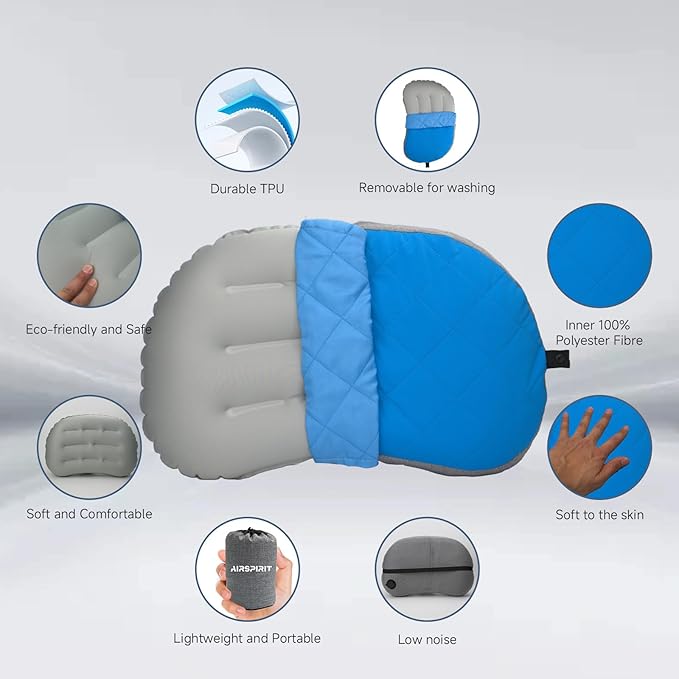 Ultralight Camping Pillow Inflatable with Removable Washable Cover, Compact Travel Pillow for Neck Support, Hiking, Backpacking, Office, Airplane, Car & Beach - Adjustable Firmness (Blue)