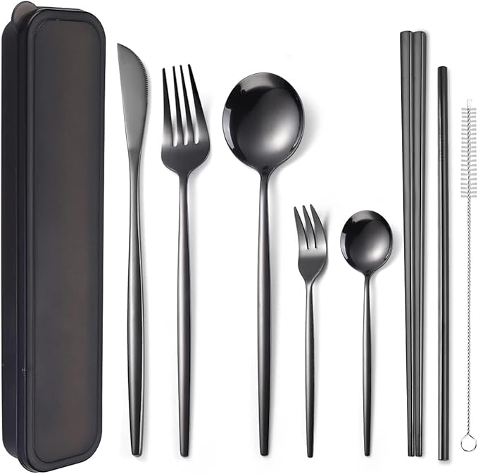AARAINBOW 8 Pieces Stainless Steel Flatware Set Portable Reusable Cutlery Set Travel Utensils Set Including Chopsticks Knife Fork Spoon Straws Cleaning Brush Dishwasher Safe (Black)