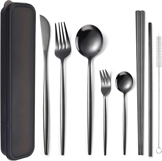 AARAINBOW 8 Pieces Stainless Steel Flatware Set Portable Reusable Cutlery Set Travel Utensils Set Including Chopsticks Knife Fork Spoon Straws Cleaning Brush Dishwasher Safe (Black)