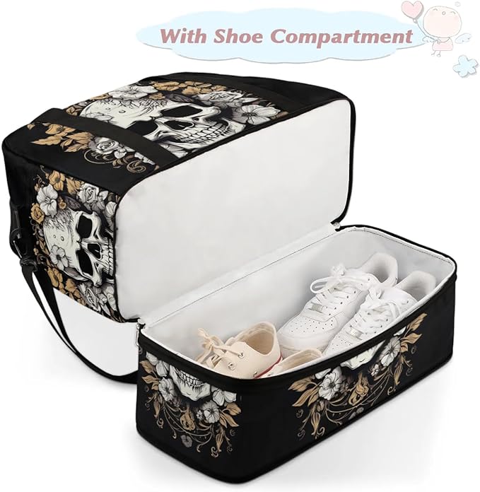 cfpolar Woman Travel Duffel Bag Vintage Flower Skull Foldable Tote Carry On Luggage Sports Gym Bag With Shoe Compartment Overnight Weekend Yoga Workout Bag Training Handbag