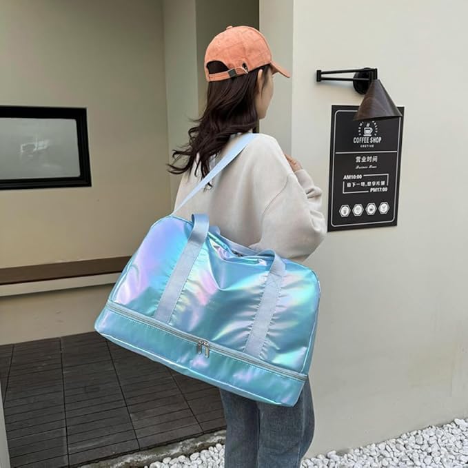 Holographic Shimmering Gym Duffle Bag with Shoes Compartment & Wet Pocket, Women Weekend Overnight Travel Bag Gymnastic Dance Bag for Girl (blue)
