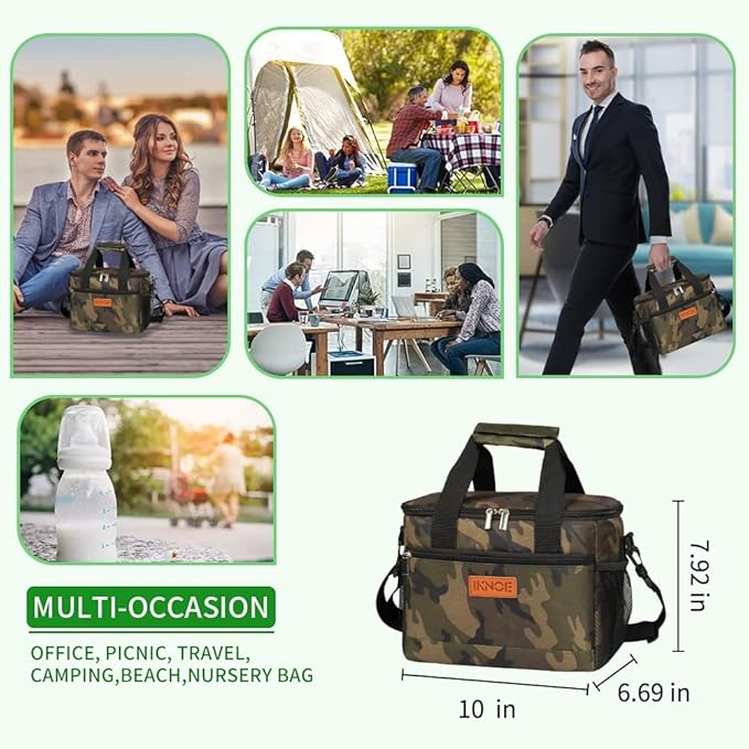 iknoe Large Foldable Cooler Bag, 8.5L Insulated Lunch Bag, Leakproof Lunch Cooler Tote with Multi-Bag Design Suitable for Beach, Picnic and Office Use, Camo 15-Can
