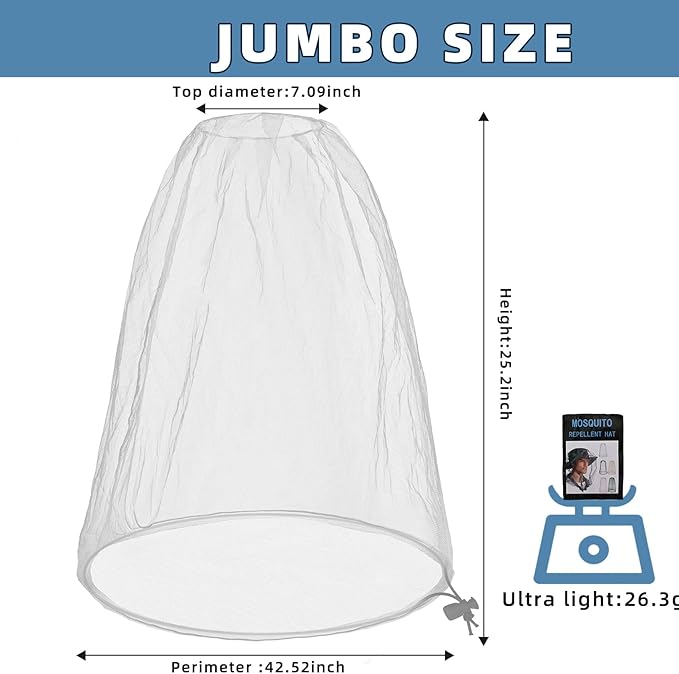 Oversized Mosquito Net 42 x 25 Inches Ultra Large Mosquito Head Net Face Neck Fly Mesh Netting Fits All Hats for Outdoor Camping Hiking Fishing Gardening Safari (White)