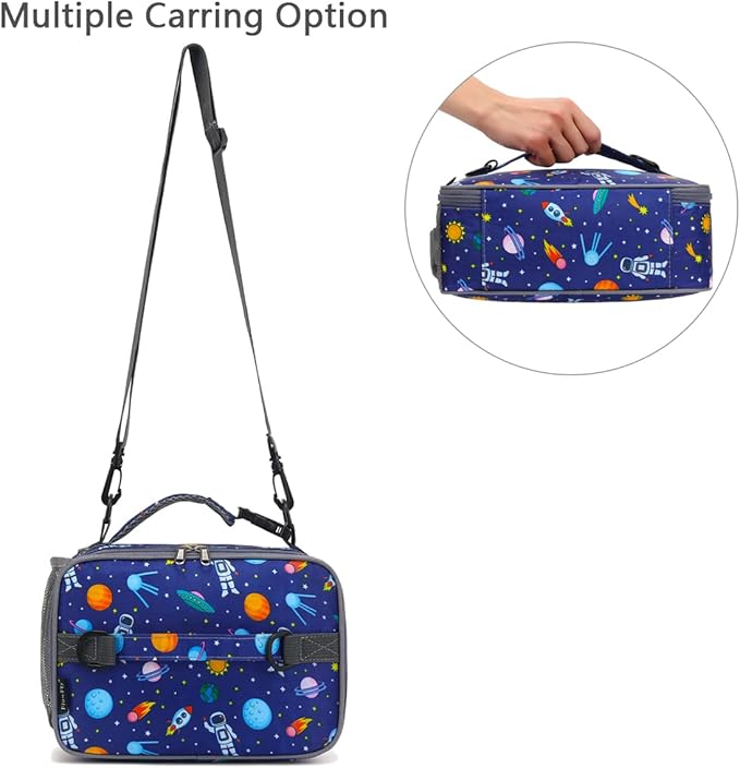FlowFly Kids Lunch Bag, Durable Insulated School Lunch Box with Shoulder Strap and Bottle Holder, Water-resistant Thermal Small Lunch Cooler Tote for Teen Boys & Girls,Astronaut