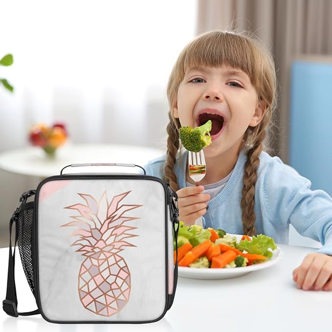 Marble Pineapple Kids Lunch Bag Pinks Pineapple Insulated Lunch Box for Girls Waterproof Lunch Bento Tote Bags Thermal Lunchbox School Lunchbox Insulated with Shoulder Strap