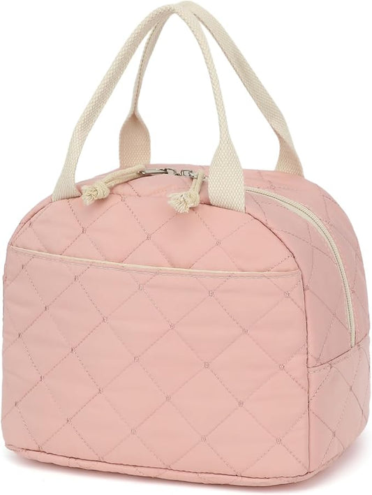 Pink Quilted Lunch Tote Bag, Insulated Thermal Cooler, Portable and Reusable Large Capacity for Office, School, or Picnic, 8.5L