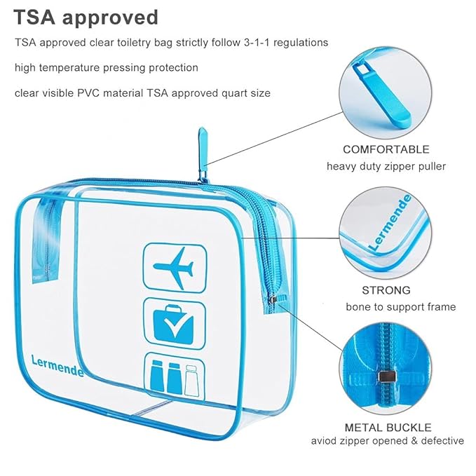 Lermende 2pcs Clear Toiletry Bag TSA Approved Travel Bag,Carry On for Travel,Airport Airline Accessories Compliant Bag,Quart Sized Makeup Cosmetic bag Women Men (Blue, 3 Pack)