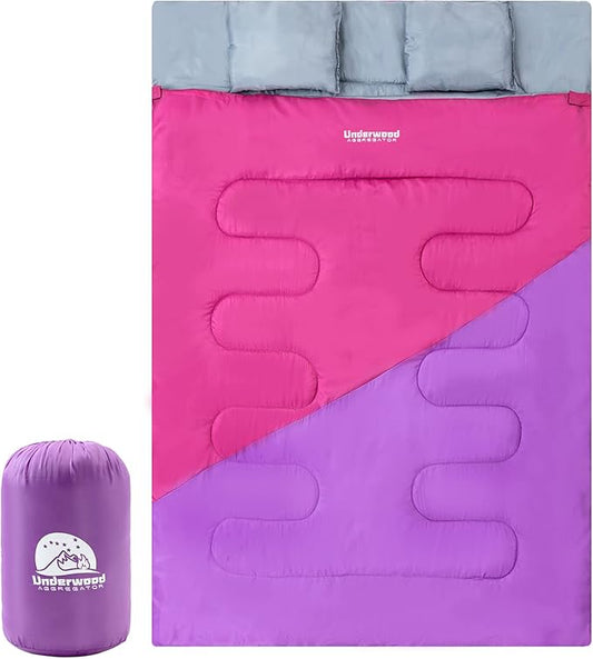Double Sleeping Bag for Adults Kids - Lightweight 2 Person Sleeping Bag with Pillow, Queen Size Waterproof Camping Sack Two Person for Girls, Boys, Youths, Teens, Compact for Cold Weather & Warm