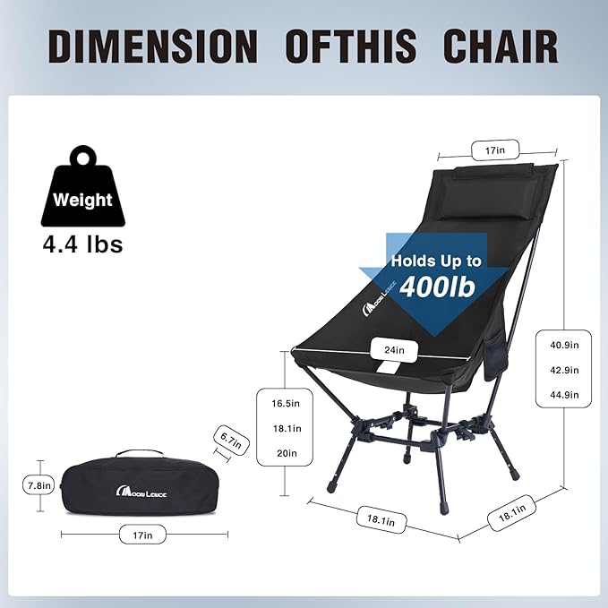 MOON LENCE Portable Camping Chairs for Adults, Adjustable Oversize Beach Chair Lawn Chair with High Back - Large Capacity, Heavy Duty (New Black)