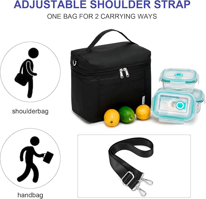 NOL Natural Organic Lifestyle Reusable Lunch Bags for Adults Lightweight Waterproof Lunch Box with Removable Adjustable Strap Insulated Leakproof Cooler Lunch Bag for Work Black Medium Size