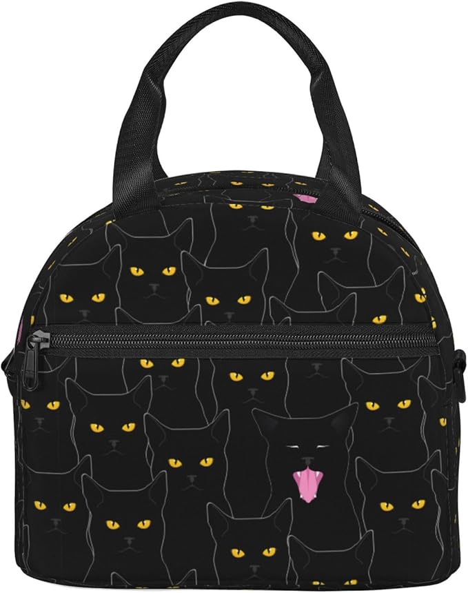 bassyil Black Cat Lunch Box Reusable Insulated Totes Lunch Bag Thermal Cooler Adjustable Shoulder Strap Bag For Men Women