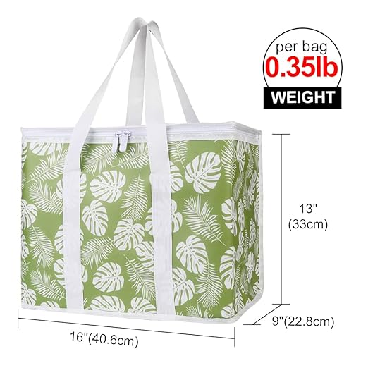 Bodaon 1-Pack Insulated Reusable Grocery Shopping Bags, X-Large Picnic Cooler Bag with Zipper Zippered Top Cold, Green-Leaf