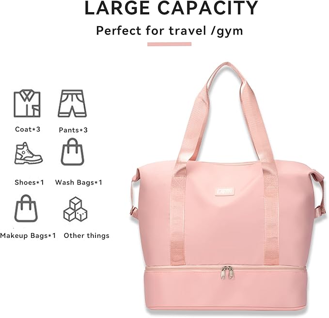 Large Travel Duffel Bag with Shoe Compartment, Gym Tote Carry on Bags for women, Lightweight Duffel Bags with Trolley Sleeve fit for Travel and Sport(Pink)