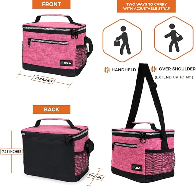 opux Insulated Lunch Box Men Women, Lunch Bag for Work School, Leakproof Soft Cooler Tote Adult, Large Lunch Pail Kids Boys Girls, Picnic Beach Food Bag with Shoulder Strap, Pink