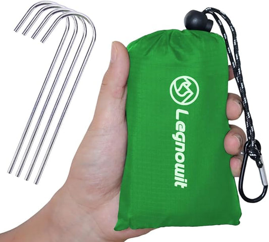 Outdoor Pocket Blanket, 55"x39" Waterproof Foldable Compact Small Pincic Blanket, Ultralight Tarp for Camping, Festival, Beach, Hiking, Backpacking, Travel and More, Stakes Included