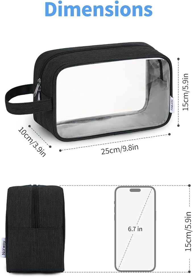 Narwey Clear Travel Toiletry Bags for Traveling Toiletries Men Women, Clear Makeup Bag Cosmetic Bag with Zipper, Make Up Pouch Organizer Bags with Handle, Skincare Bag (Black)