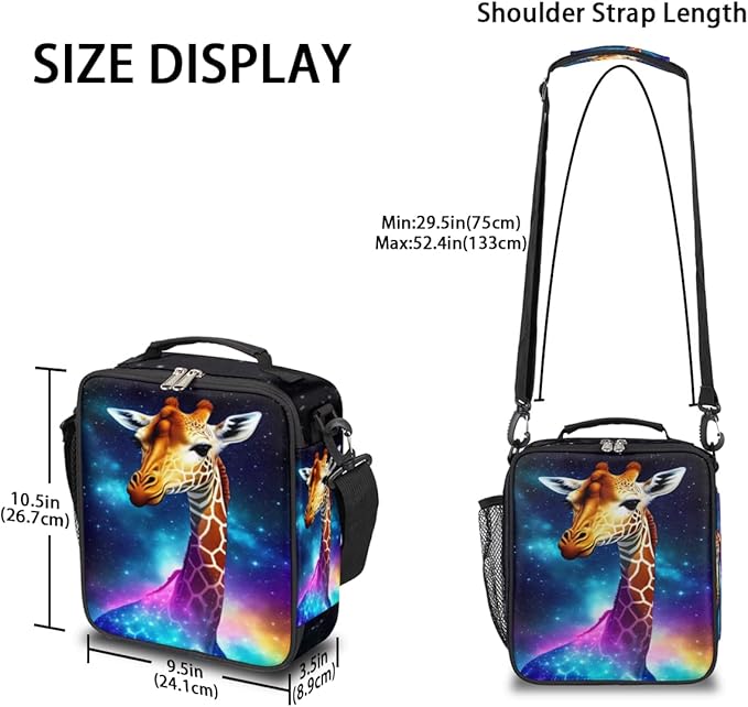 Galaxy Rainbow Giraffe Insulated Lunch Bag for Girls Boys Teen Cute Colorful Reusable Lunch Box with Shoulder Strap Freezable Thermal Cooler Bag Meal Prep for School Travel Picnic Beach Lunch Pail