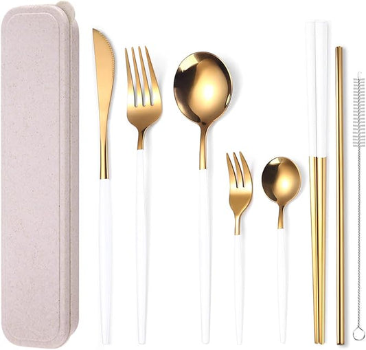 AARAINBOW 8 Pieces Stainless Steel Flatware Set Portable Reusable Cutlery Set Travel Utensils Set Including Chopsticks Knife Fork Spoon Straws Cleaning Brush Dishwasher Safe (White Golden)