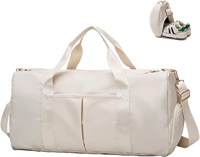 Women Gym Bag with Separation for Wet and Dry, Shoe Storage, Waterproof Travel Duffle Bag for Gym, Swimming, Yoga, Sports (Beige)