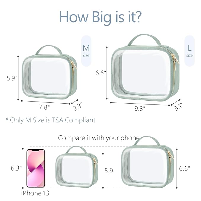 PACKISM TSA Approved Toiletry Bag, 2 Pack Clear Makeup Bags with Handle Large Opening, Clear Toiletry Bag Fit Carry-on Travel Essential, Travel Bags for Toiletries, Laurel Green