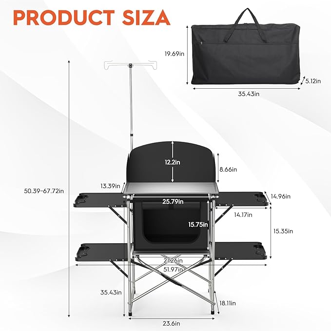Camping Table, Aluminum Folding Camping Cook Station with Windshield, Upgrade Light Stand, Storage Bag, Quick Installation for Outdoor, Picnic, Cooking