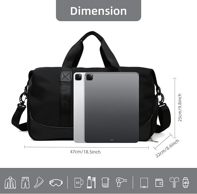 Skycase Gym Bags for Men - Duffle Bag Women - Gym Bag with Shoe Compartment for Fitness, Sports - Wet and Dry Bag, Waterproof Backpack for Swimming, Yoga, Travel (Black)