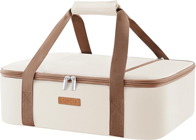 Insulated Casserole Carrier for Hot or Cold Food, Lasagna Lugger Tote for Potluck Parties/Picnic/Cookouts, Fits 9"×13" Baking Dish, Cream