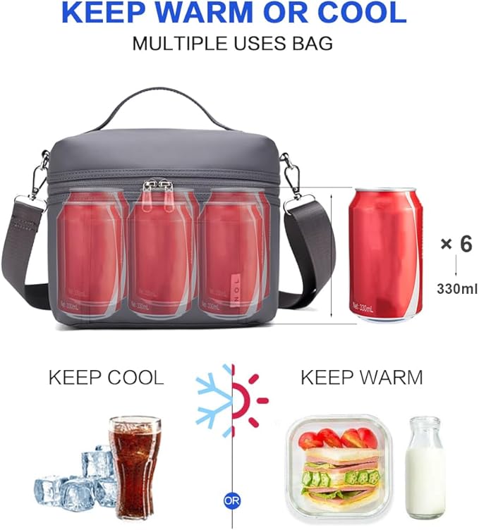 NOL Natural Organic Lifestyle Small Insulated Lunch Bags for Women Cooler Bag Lightweight Nylon Waterproof Lunch Box For Work（Small,Gray）