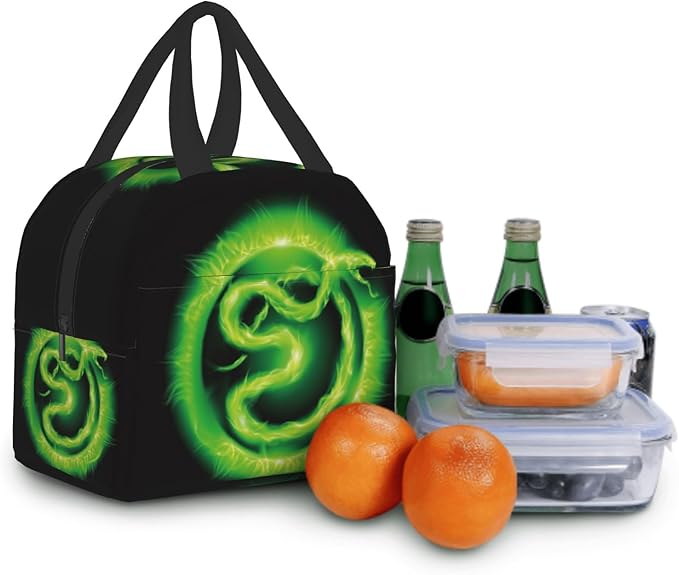 Giwawa Green Fire Snake Lunch Box, Insulated Lunch Cooler Tote Bags for Kids, Reusable Thermal Food Container Handbags for Teens Men Women Picnic Travel