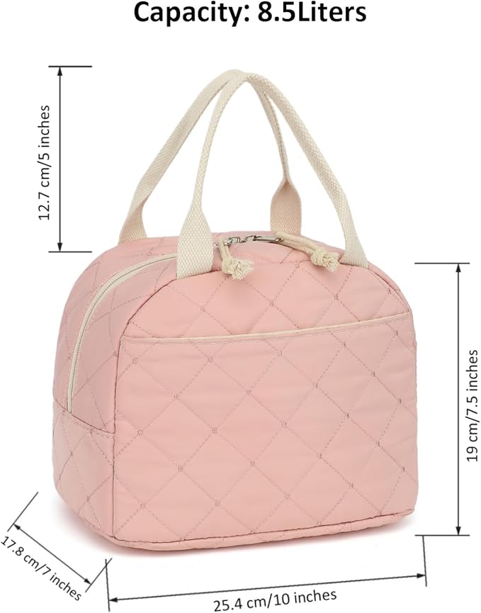 Pink Quilted Lunch Tote Bag, Insulated Thermal Cooler, Portable and Reusable Large Capacity for Office, School, or Picnic, 8.5L