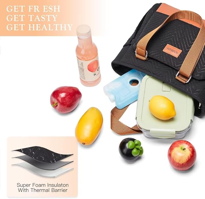 Lunch Bag Lunch Box Women - Leakproof Insulated Lunch Cooler Bag for Women - Large Lunch Tote Bags Adults, Brown Black