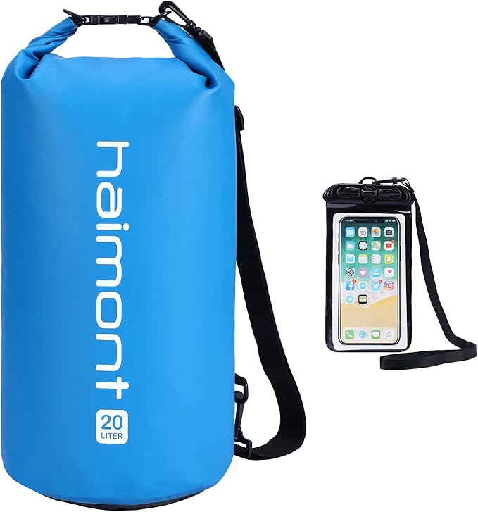 Haimont Waterproof Dry Bag Floating Dry Sack Roll Top Drybag Backpack for Kayaking, Rafting, Boating, Fishing with IPX8 Waterproof Phone Case, Blue, 20L