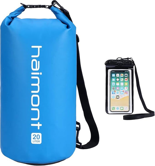 Haimont Waterproof Dry Bag Floating Dry Sack Roll Top Drybag Backpack for Kayaking, Rafting, Boating, Fishing with IPX8 Waterproof Phone Case, Blue, 20L