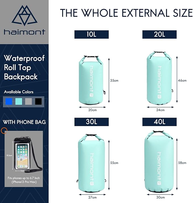 Haimont Waterproof Dry Bag Floating Dry Sack Roll Top Drybag Backpack for Kayaking, Rafting, Boating, Fishing with IPX8 Waterproof Phone Case, Aqua Green, 20L
