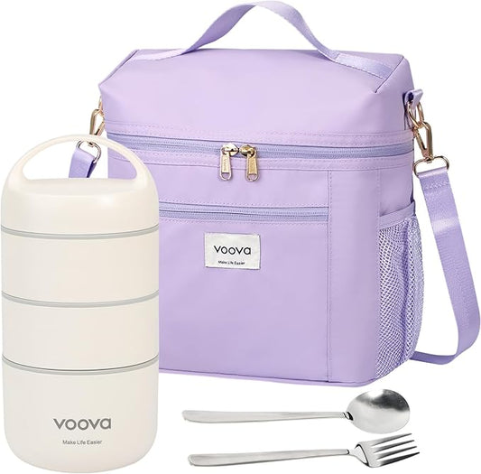 Voova Stackable Stainless Steel Thermal Lunch Box with Lunch Bag and Cultery Set for Adult Women Men, 3 Tier Leakproof All-in-One Insulated Bento Boxes Food Container for Work, Purple