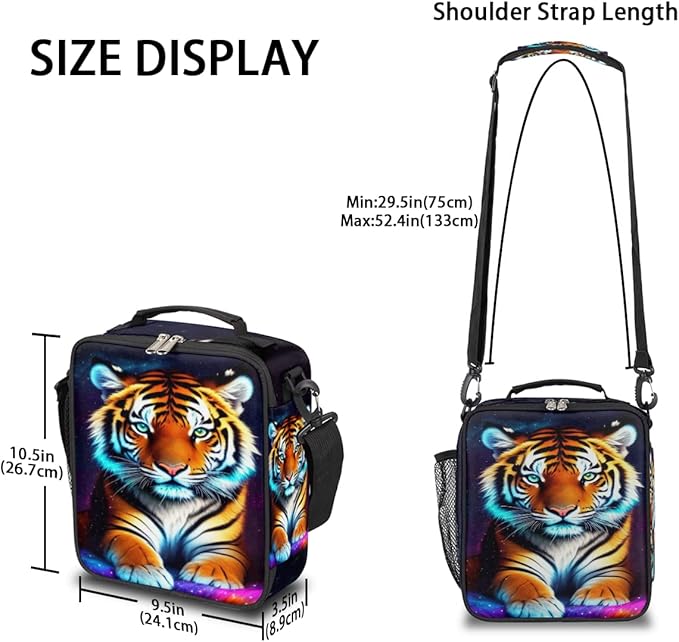 Galaxy Colorful Tiger Insulated Lunch Bag for Girls Boys Teen Cute Tiger Reusable Lunch Box with Shoulder Strap Freezable Thermal Cooler Bag Meal Prep Boxs for School Travel Picnic Beach Lunch Pail