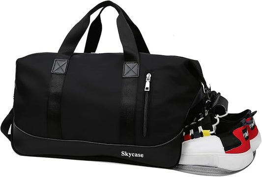 Skycase Gym Bags for Men - Duffle Bag Women - Gym Bag with Shoe Compartment for Fitness, Sports - Wet and Dry Bag, Waterproof Backpack for Swimming, Yoga, Travel (Black)