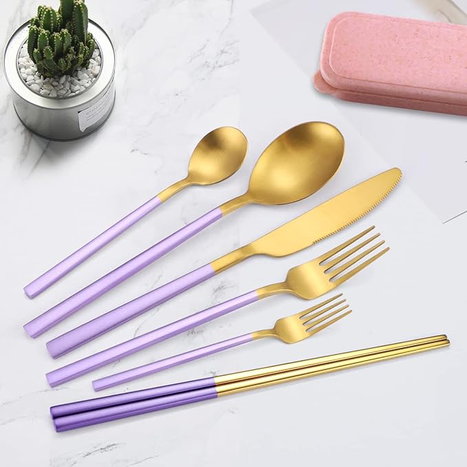 AARainbow 8 Pieces Stainless Steel Flatware Set Portable Reusable Cutlery Set Travel Utensils Set Including Chopsticks Knife Fork Spoon Straws Cleaning Brush Dishwasher Safe (B-Purple Golden)