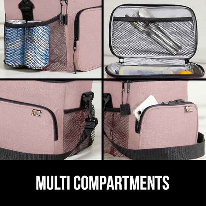 GORILLA GRIP Reusable Insulated Lunch Box Bag for Women Men,15L, Leakproof XL Soft Cooler Bags, Multiple Compartments, Mesh Pockets and Adjustable Strap, Food Tote Keeps Drinks Cold, 13x9, Pink