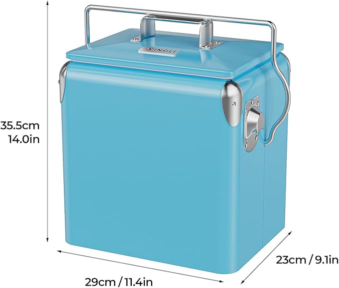 VINGLI 14qt Small Insulated Portable Cooler, Retro Vintage Classic Style Hard Metal Cooler for Barbeques, Camping, Fishing and Picnics