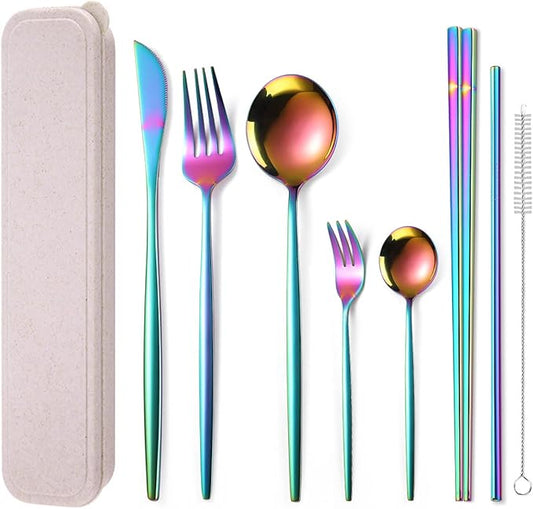 AARAINBOW 8 Pieces Stainless Steel Flatware Set Portable Reusable Cutlery Set Travel Utensils Set Including Chopsticks Knife Fork Spoon Straws Cleaning Brush Dishwasher Safe (Multicolored)