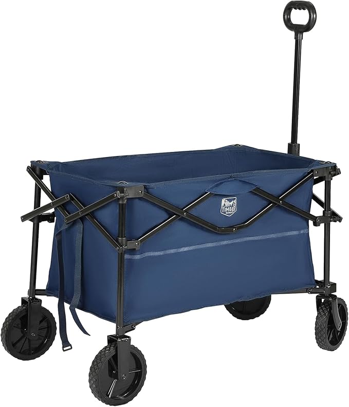 TIMBER RIDGE Folding Collapsible Wagon, Utility Push Pull Beach Wagon with All-Terrain Universal Wheels, Heavy Duty Foldable Grocery Cart for Outdoor Garden Camping Shopping, Holds 225 lbs, Dark Blue